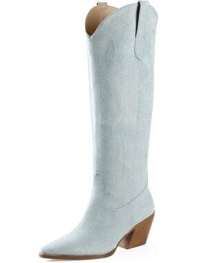 Women's Blue Microsuede Cow Girl Knee High Stylish Pointed Toe Block Heel Boots